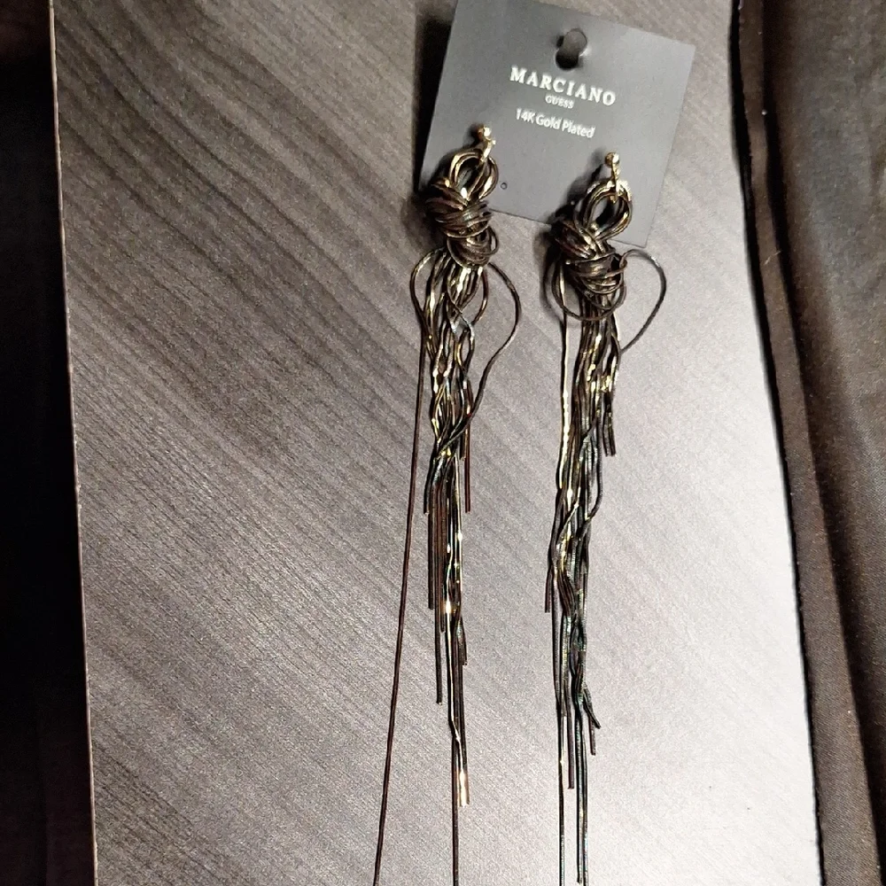 NEW Guess by Marciano‎ Black & 14k Gold Plated Long Dangly String Earrings